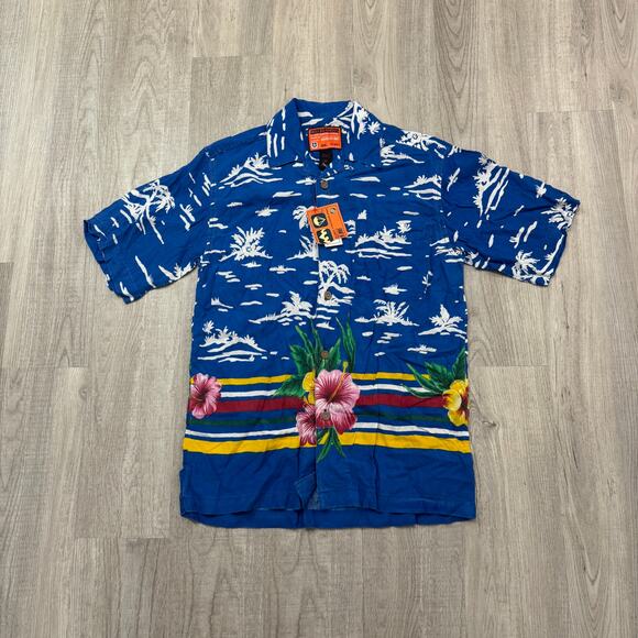 NWT Vintage Bugle Boy Hawaiian Shirt Men's Medium Blue Floral y2k 2000s Button - Picture 1 of 7